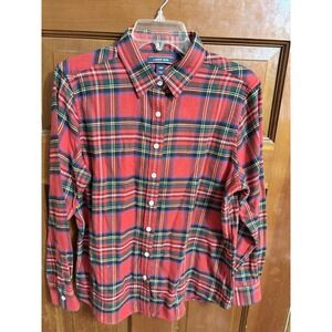 Lands End Womens Plaid Long Sleeve Button Down Shirt Red Blue Green Size 14P